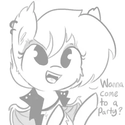 Size: 1280x1280 | Tagged: safe, artist:tjpones, derpibooru import, oc, oc:super rad bat gal, unofficial characters only, bat pony, pony, clothes, dialogue, ear fluff, ear piercing, earring, fangs, grayscale, jacket, jewelry, leather jacket, monochrome, open mouth, piercing, simple background, smiling, solo, spread wings, tongue piercing, white background