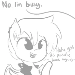 Size: 1280x1280 | Tagged: safe, artist:tjpones, derpibooru import, oc, oc:super rad bat gal, unofficial characters only, bat pony, pony, chest fluff, clothes, dialogue, ear fluff, ear piercing, earring, fangs, grayscale, jacket, jewelry, leather jacket, monochrome, offscreen character, open mouth, piercing, simple background, smiling, solo, spread wings, tongue piercing, white background