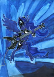 Size: 1280x1843 | Tagged: safe, artist:crystalightrocket, derpibooru import, princess luna, pony, bass guitar, bipedal, corpse paint, crossover, guitar, heavy metal, mixed media, musical instrument, solo, spiked wristband, traditional art, wristband