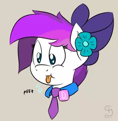 Size: 850x875 | Tagged: safe, artist:glimglam, derpibooru import, oc, oc:lavanda, unofficial characters only, pony town, :p, :t, badge, bow, bust, flower, flower in hair, hair bow, necktie, onomatopoeia, puffy cheeks, raspberry, raspberry noise, simple background, solo, tongue out, wide eyes