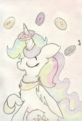Size: 692x1019 | Tagged: safe, artist:slightlyshade, derpibooru import, princess celestia, pony, chest fluff, donut, eyes closed, food, horn grab, open mouth, raised hoof, sillestia, silly, silly pony, simple background, sitting, solo, the uses of unicorn horns, traditional art