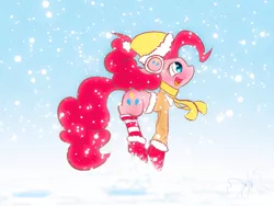 Size: 1600x1200 | Tagged: artist:phoenixperegrine, blushing, clothes, derpibooru import, earmuffs, floppy ears, hat, open mouth, pinkie pie, pronking, safe, scarf, smiling, snow, snowfall, socks, solo, striped socks