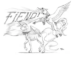 Size: 1400x1096 | Tagged: safe, artist:baron engel, derpibooru import, princess celestia, princess luna, dialogue, floppy ears, flying, grayscale, monochrome, open mouth, pencil drawing, pointing, simple background, spread wings, story included, traditional art, traditional royal canterlot voice, walking, white background, wide eyes, windswept mane