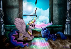 Size: 1000x697 | Tagged: safe, artist:demiom, derpibooru import, princess celestia, princess luna, alicorn, pony, friendship is magic, castle of the royal pony sisters, cheek fluff, cloud, duo, lens flare, lidded eyes, looking back, prone, s1 luna, scene interpretation, sky, smiling, spread wings