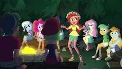Size: 1280x720 | Tagged: safe, derpibooru import, screencap, flash sentry, fluttershy, gloriosa daisy, pinkie pie, snails, snips, spike, spike the regular dog, timber spruce, trixie, watermelody, dog, equestria girls, legend of everfree, bonfire, camp everfree outfits, converse, female, geode of fauna, geode of shielding, geode of sugar bombs, geode of super speed, geode of super strength, magical geodes, male, shoes
