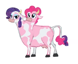 Size: 834x693 | Tagged: artist:theunknowenone1, brahmin, conjoined, cow, cowified, derpibooru import, fusion, multiple heads, pincow pie, pinkie pie, raricow, rarity, safe, source needed, species swap, two heads, udder, useless source url, we have become one