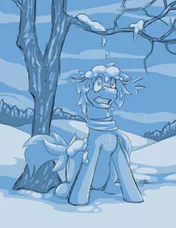 Size: 1020x1320 | Tagged: safe, artist:kiramoses, derpibooru import, oc, oc:corduroy road, unofficial characters only, earth pony, pony, bare tree, blue, clothes, cold, male, scarf, sitting, snow, snowfall, solo, stallion, teeth, teeth grinding, tree, winter