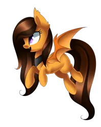 Size: 2194x2768 | Tagged: safe, artist:scarlet-spectrum, derpibooru import, oc, oc:foxaura, unofficial characters only, bat pony, pony, brown mane, commission, female, flying, mare, open mouth, purple eyes, raised hoof, simple background, slit eyes, smiling, solo, transparent background