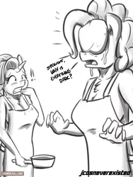 Size: 1200x1600 | Tagged: 30 minute art challenge, anthro, apron, artist:jcosneverexisted, chest fluff, clothes, cooking, derpibooru import, dialogue, exclamation point, grayscale, gritted teeth, monochrome, open mouth, pan, pinkie pie, safe, starlight glimmer