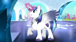 Size: 1440x803 | Tagged: safe, artist:osipush, artist:thepegasisterpony, derpibooru import, shining armor, alicorn, pony, alicornified, colored hooves, colored wings, crystal empire, gradient wings, magic, magic aura, male, male alicorn, peytral, prince shining armor, race swap, raised hoof, solo, spread wings, stallion, wings