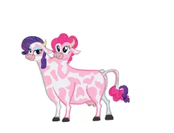 Size: 1161x887 | Tagged: artist:theunknowenone1, brahmin, conjoined, cow, cowified, derpibooru import, effort, fusion, multiple heads, pincow pie, pinkie pie, raricow, rarity, safe, simple background, smiling, source needed, species swap, two heads, udder, useless source url, we have become one, white background