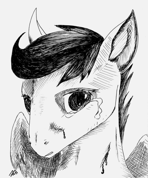 Size: 3570x4303 | Tagged: absurd resolution, artist:sigridmarialer, beaten up, blood, crying, derpibooru import, lineart, monochrome, sad, scootaloo, semi-grimdark, simple background, solo, traditional art