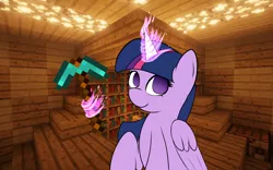 Size: 1680x1050 | Tagged: safe, artist:lyres-art, derpibooru import, twilight sparkle, twilight sparkle (alicorn), alicorn, pony, colored pupils, crossover, diamond pickaxe, female, magic, mare, minecraft, pickaxe, smiling, solo, telekinesis