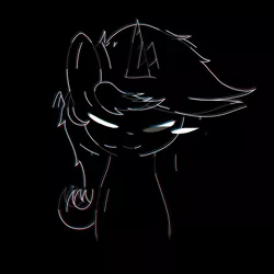 Size: 2000x2000 | Tagged: safe, artist:lyres-art, derpibooru import, lyra heartstrings, pony, unicorn, black background, bust, error, eyes closed, glitch, monochrome, partial color, portrait, simple background, smiling, solo
