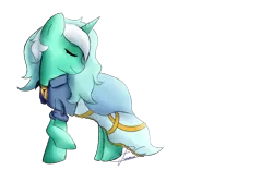 Size: 1600x1067 | Tagged: safe, artist:lyres-art, derpibooru import, lyra heartstrings, pony, unicorn, alternate hairstyle, clothes, dress, eyes closed, smiling, solo