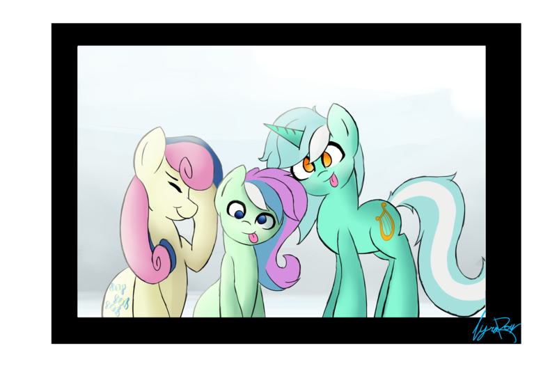 Size: 3000x2000 | Tagged: safe, artist:lyres-art, derpibooru import, bon bon, lyra heartstrings, sweetie drops, oc, earth pony, pony, unicorn, adorabon, amused, bon bon is amused, cute, derp, eyes closed, facehoof, family, family photo, female, lesbian, looking at you, lyrabetes, lyrabon, magical lesbian spawn, offspring, parent:bon bon, parent:lyra heartstrings, parents:lyrabon, photo, shipping, silly, silly face, silly pony, smiling, tongue out