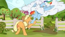 Size: 1024x595 | Tagged: safe, artist:rutkotka, derpibooru import, applejack, rainbow dash, earth pony, pegasus, pony, apple, apple orchard, apple tree, appledash, boop, cloud, commission, female, fence, flower, food, lesbian, lying on a cloud, mare, noseboop, nuzzling, shipping, sweet apple acres, tree