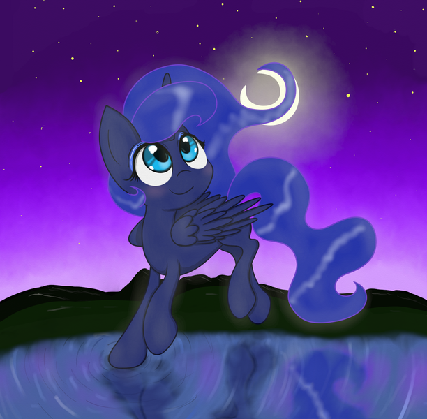 Size: 1434x1406 | Tagged: artist:springveil, crescent moon, derpibooru import, flying, moon, night, princess luna, safe, solo