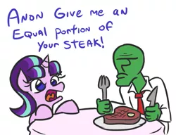 Size: 549x422 | Tagged: safe, artist:jargon scott, derpibooru import, starlight glimmer, oc, oc:anon, human, pony, unicorn, clothes, dialogue, duo, female, food, frown, glare, human male, male, meat, open mouth, ponies eating meat, simple background, steak, table, that pony sure does love equality, this will end in pain, unamused, white background