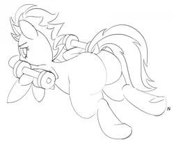 Size: 1280x1045 | Tagged: 30 minute art challenge, artist:pabbley, derpibooru import, dock, monochrome, plot, sketch, solo, spitfire, stupid sexy spitfire, suggestive, weight lifting, weights
