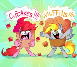 Size: 1000x860 | Tagged: safe, artist:vdru7, derpibooru import, derpy hooves, pinkie pie, pony, bipedal, clothes, costume, cupcake, cupcakes vs muffins, dialogue, faic, food, muffin, open mouth, yelling