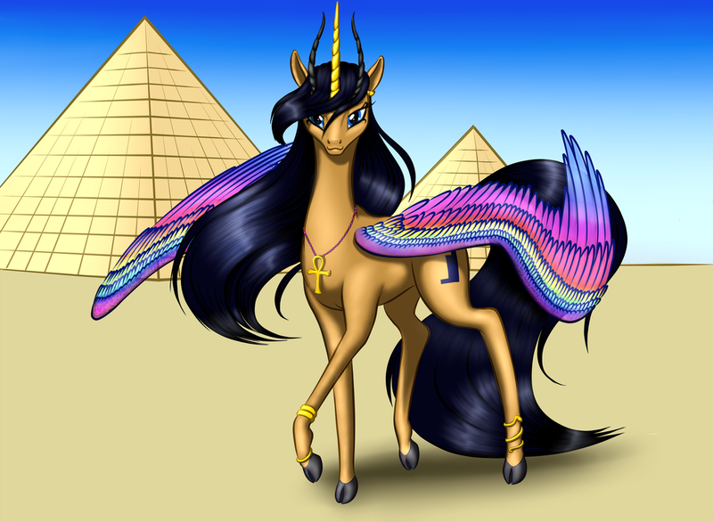 Size: 1024x750 | Tagged: safe, artist:vasillium, derpibooru import, oc, oc:isis, unofficial characters only, alicorn, pony, alicorn oc, ankh, cutie mark, ear piercing, egypt, egyptian, egyptian cross, egyptian goddess, egyptian jewelry, egyptian pony, egyptian pyramid, jewelry, piercing, pyramid