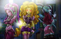 Size: 2500x1600 | Tagged: safe, artist:mauroz, derpibooru import, adagio dazzle, aria blaze, sonata dusk, equestria girls, rainbow rocks, ass, bedroom eyes, belly button, breasts, busty adagio dazzle, busty aria blaze, cleavage, clothes, corset, crossed arms, curvy, female, fishnets, glare, glowing eyes, lidded eyes, looking at you, microphone, midriff, miniskirt, open mouth, pants, red eyes, skirt, socks, sonata donk, stockings, the dazzlings, thigh highs, wide hips, zipper