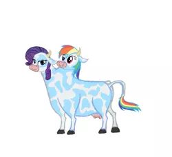 Size: 985x897 | Tagged: artist:theunknowenone1, brahmin, conjoined, cow, cowified, derpibooru import, fusion, multiple heads, rainbow dash, raricow, rarity, safe, source needed, species swap, two heads, udder, useless source url, we have become one