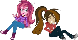 Size: 5697x2962 | Tagged: safe, artist:imperfectxiii, derpibooru import, oc, oc:contralto, oc:cupcake slash, unofficial characters only, equestria girls, absurd resolution, clothes, cute, disguised siren, equestria girls-ified, eyes closed, female, giggling, open mouth, pants, point commission, shoes, simple background, sitting, sneakers, transparent background, wubcake