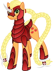 Size: 7400x10000 | Tagged: absurd resolution, applejack, armor, artist:salemcat, braid, braided tail, colored pupils, derpibooru import, long mane, long tail, looking at you, safe, simple background, solo, transparent background
