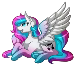 Size: 3500x3000 | Tagged: safe, artist:amazing-artsong, derpibooru import, oc, oc:shimmer strike, unofficial characters only, pegasus, pony, colored pupils, colored wings, ear fluff, female, high res, looking up, mare, multicolored wings, prone, simple background, smiling, solo, transparent background, underhoof