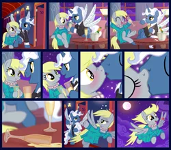 Size: 1155x1018 | Tagged: suggestive, artist:sorcerushorserus, derpibooru import, derpy hooves, pokey pierce, pegasus, pony, comic:dash academy, accident, blushing, champagne, come hither, comic, cropped, derpypierce, drunk, drunk sex, drunkerpy, female, hilarious in hindsight, hotel, implied sex, kissing, mare, romance, shipping, spilled drink