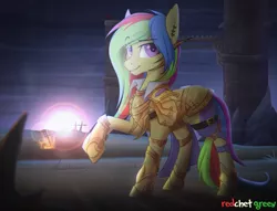 Size: 1600x1225 | Tagged: safe, artist:redchetgreen, derpibooru import, oc, oc:ayvendil, unofficial characters only, earth pony, pony, armor, dungeons and dragons, ear piercing, fantasy class, female, fire, knight, looking at you, mare, multicolored hair, paladin, piercing, purple eyes, raised hoof, smiling, solo, sunrise, sword, warrior, weapon