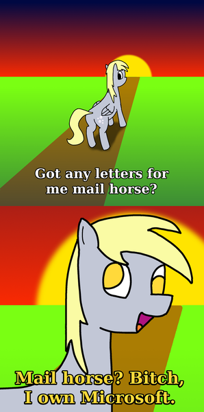 Size: 795x1600 | Tagged: anotherdamnponyaskblog, artist:thepristineeye, behind, comic, derpibooru import, derpy hooves, dialogue, microsoft, safe, smiling, sunset, text, tumblr, vulgar