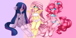 Size: 1280x634 | Tagged: suggestive, artist:tolsticot, derpibooru import, fluttershy, pinkie pie, twilight sparkle, anthro, alternate hairstyle, arm hooves, bandeau, belly button, blushing, bra, breasts, clothes, colored pupils, crop top bra, ear fluff, embarrassed, floppy ears, fluffy, frilly underwear, frown, image, looking at you, midriff, panties, png, purple underwear, simple background, sitting, smiling, socks, stockings, striped underwear, thigh highs, underwear, unshorn fetlocks, white underwear