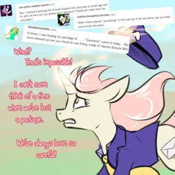 Size: 750x750 | Tagged: safe, artist:its-gloomy, derpibooru import, oc, oc:marathon, unofficial characters only, unicorn, ask-marathon, clothes, dialogue, floppy ears, hat, looking up, magic, mailmare, mailmare hat, no catchlights, no pupils, running, solo, telekinesis, uniform