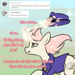 Size: 750x750 | Tagged: safe, artist:its-gloomy, derpibooru import, oc, oc:marathon, unofficial characters only, unicorn, ask-marathon, clothes, dialogue, hat, looking up, magic, mailmare, mailmare hat, running, solo, telekinesis, uniform
