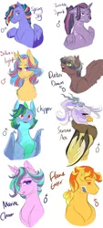 Size: 900x2000 | Tagged: safe, artist:yuyusunshine, derpibooru import, oc, oc:chipper, oc:dusker dawn, oc:flame eater, oc:marine charm, oc:serene ace, oc:silver light, oc:spring sky, oc:twinkle spark, unofficial characters only, alicorn, draconequus, dracony, earth pony, hybrid, pegasus, pony, unicorn, alicorn oc, dappled, female, interspecies offspring, magical lesbian spawn, male, mare, offspring, parent:braeburn, parent:discord, parent:dumbbell, parent:gilda, parent:maud pie, parent:moondancer, parent:rainbow dash, parent:spitfire, parent:starlight glimmer, parent:trixie, parent:twilight sparkle, parents:dumblight, parents:gilcord, parents:rainbowspike, parents:spitburn, parents:startrix, parents:trickdancer, parents:twidash, parents:twimaud, simple background, stallion, white background