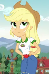 Size: 480x720 | Tagged: safe, derpibooru import, edit, edited screencap, editor:ah96, screencap, applejack, equestria girls, legend of everfree, applejack's hat, breast edit, breasts, busty applejack, camp everfree outfits, cowboy hat, cropped, female, hat, solo, stetson