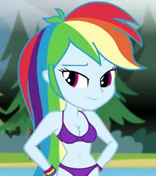 Size: 610x690 | Tagged: suggestive, derpibooru import, edit, edited screencap, editor:ah96, screencap, rainbow dash, equestria girls, legend of everfree, belly button, breast edit, breasts, cleavage, clothes, cropped, female, panties, purple underwear, solo, underwear, underwear edit