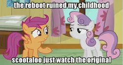 Size: 851x452 | Tagged: bloom and gloom, childhood ruined, derpibooru import, edit, edited screencap, impact font, meme, obligatory pony, safe, scootaloo, scootaloo is wrong about everything, screencap, sweetie belle, text