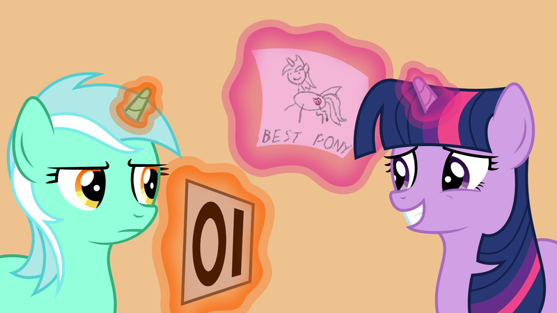 Size: 1920x1080 | Tagged: artist:jezendar, best pony, derpibooru import, drawing, duo, exploitable meme, glowing horn, grin, levitation, looking at each other, lyra heartstrings, lyra is not amused, lyra's score, magic, meme, nervous, nervous grin, orange background, paper, safe, simple background, smiling, telekinesis, twilight sparkle