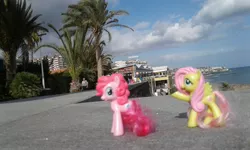 Size: 2560x1536 | Tagged: artist:dutchbronyfan, canary islands, cloud, derpibooru import, fluttershy, irl, las palmas, ocean, palm tree, photo, pinkie pie, ponies in real life, safe, spain, toy, tree