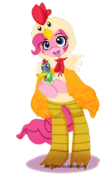 Size: 602x960 | Tagged: safe, artist:zsnowfilez, derpibooru import, gummy, pinkie pie, pony, animal costume, bipedal, chicken pie, chicken suit, clothes, costume, looking at you, nightmare night costume, open mouth, simple background, smiling, transparent background