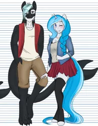 Size: 510x654 | Tagged: safe, artist:askbubblelee, artist:blackblood-queen, derpibooru import, oc, oc:bubble lee, oc:imago, oc:mako, unofficial characters only, anthro, earth pony, hybrid, orca pony, original species, unguligrade anthro, unicorn, anthro oc, blushing, breasts, claws, cleavage, clothes, couple, cute, ear piercing, female, freckles, jewelry, kneesocks, looking at you, makolee, male, necklace, oc x oc, one eye closed, piercing, shipping, skirt, smiling, socks, standing, straight, thigh highs, wink