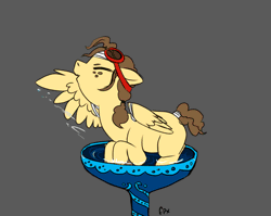 Size: 476x378 | Tagged: safe, derpibooru import, oc, oc:bananaphone, unofficial characters only, pegasus, pony, :p, animated, behaving like a bird, bird bath, cute, eyes closed, floppy ears, freckles, gif, goggles, gray background, grin, ocbetes, prancing, silly, silly pony, simple background, smiling, solo, spread wings, tail wrap, tongue out