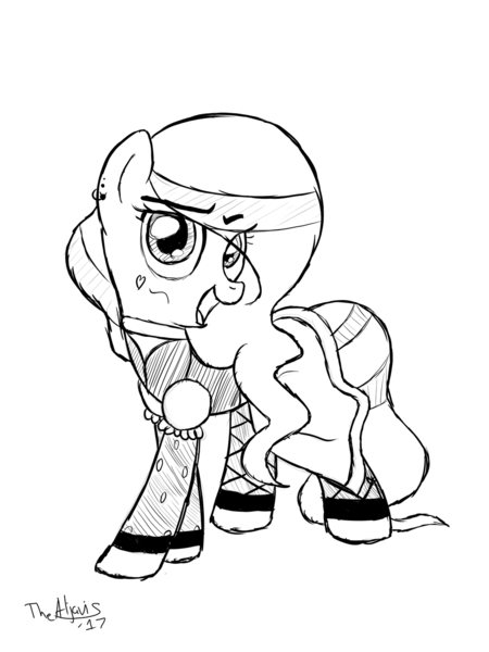 Size: 1024x1365 | Tagged: safe, artist:thealjavis, derpibooru import, oc, oc:sweetie pink, unofficial characters only, pony, female, mare, monochrome, saloon dress, solo