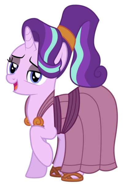 Size: 1001x1441 | Tagged: alternate hairstyle, artist:cloudyglow, clothes, clothes swap, cosplay, costume, crossover, derpibooru import, disney, dress, hercules, megara, safe, sandals, simple background, solo, starlight glimmer, the crystalling, transparent background, vector