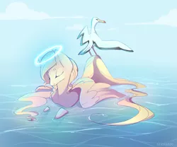 Size: 2935x2447 | Tagged: albatross, artist:pon-ee, bird, derpibooru import, eyes closed, halo, oc, oc:charmaine, safe, solo, unofficial characters only, water