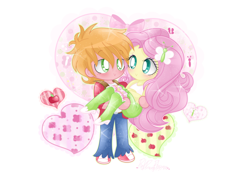 Size: 1024x724 | Tagged: safe, artist:pinkprincessblossom, derpibooru import, big macintosh, fluttershy, equestria girls, bridal carry, chibi, clothes, fluttermac, heart, male, shipping, simple background, skirt, straight, tanktop, transparent background